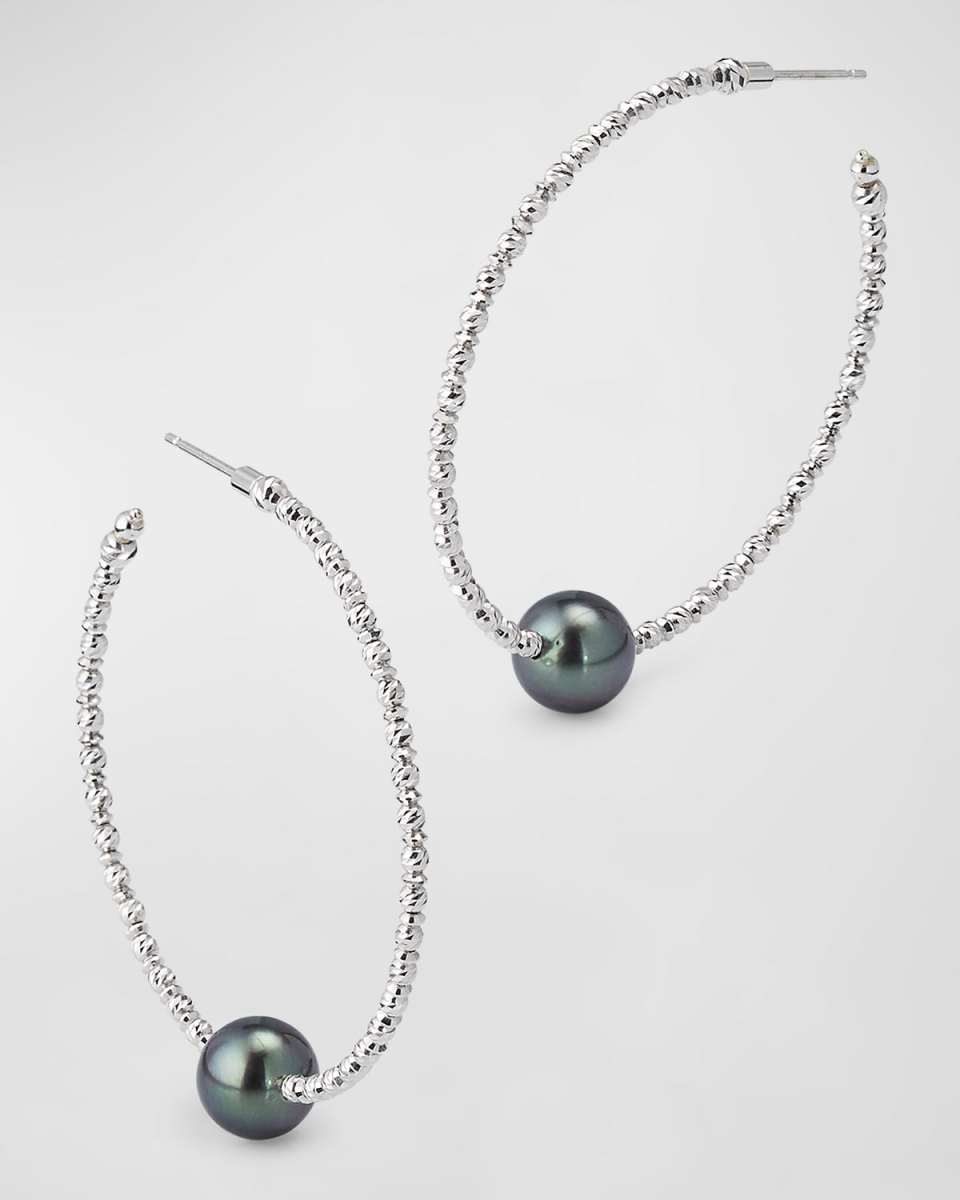 18K White Gold Tahitian Pearl Hoop Earrings